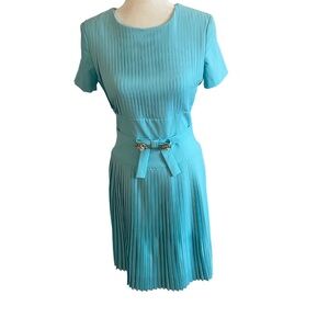 Cavalli Class Pleated Knee length dress short sleeve Bejeweled waist bow USA 6